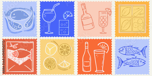 A collection of illustrated postage stamps depicting food and drink items