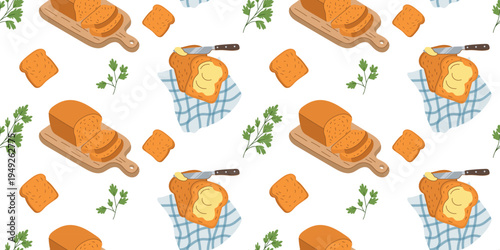 Seamless pattern with sliced bread loaf buttered toast and herbs