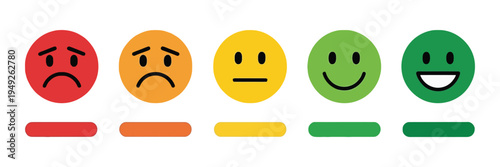 Rating Emoji Set, progress bar from bad to good, stroke style feeling indicators, smiley icons for customer feedback, rating scale for apps, websites, surveys, and user experience design.