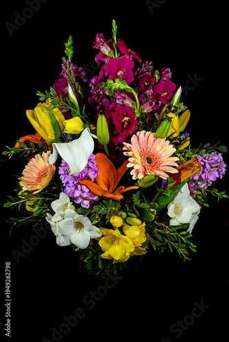 Spring flower bouquet including daisy, tulip, calla lily, snap dragon on a black background.