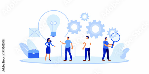 Team brainstorming innovative ideas with lightbulb and gear illustrations