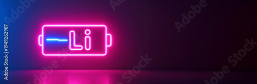 Lithium ion battery symbol. Neon battery icon with LI symbol glowing with pink and blue lights. Neon illustration of rechargeable battery