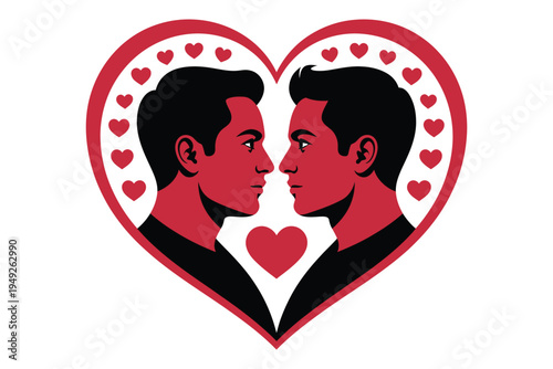 Two young men in profile facing each other inside red heart shape, depicting gay couple in love relationship on transparent background