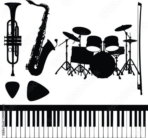 Music instruments vector illustration, flat design with piano keyboard, saxophone, trumpet, guitar picks, drum set and microphone