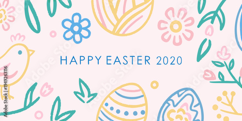 A colorful illustration for easter 2020 featuring birds eggs and flowers