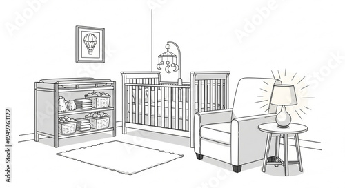 Baby Nursery Interior Design Sketch – Crib Furniture Layout and Kids Room Decor Vector Illustration