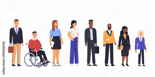 Diverse group of professionals standing together in a modern illustration