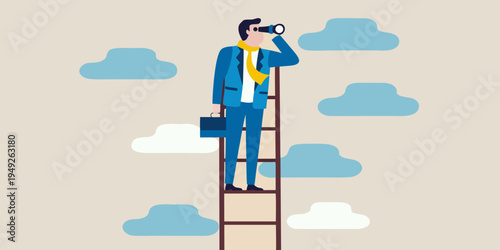 Businessman climbs a ladder using binoculars to look towards the future