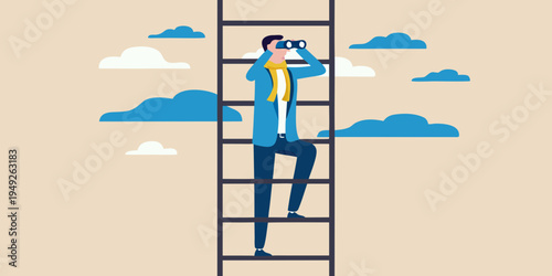 Man climbing a ladder and looking through binoculars at the sky