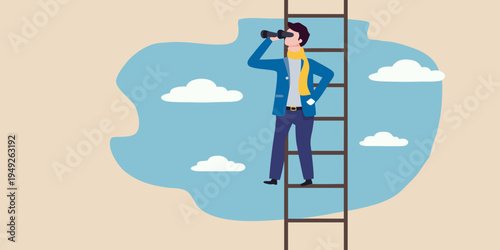 Man on ladder looking through binoculars at a bright stylized sky