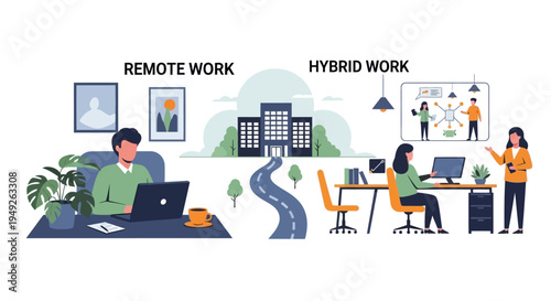 Remote vs. Hybrid Work Models Illustration: Flexible Office Arrangements, Telecommuting, and In-Office Collaboration for Modern Businesses