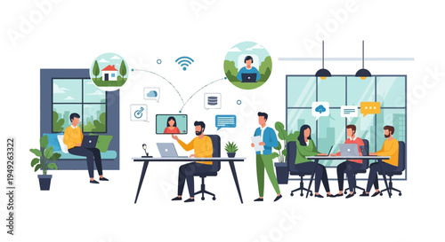 Hybrid Work Model Illustration: Remote Teams, Office Collaboration, and Seamless Digital Communication through Technology and Connectivity