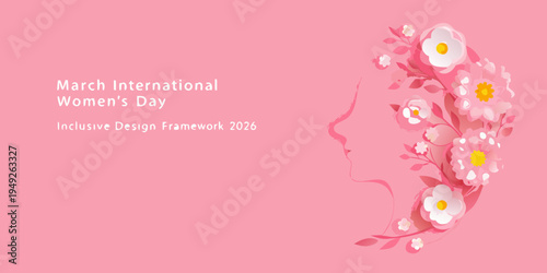 International women s day 2026 illustration with floral and face silhouette
