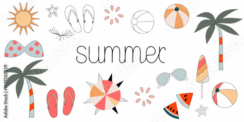 A colorful summer themed illustration with various beach and sun elements