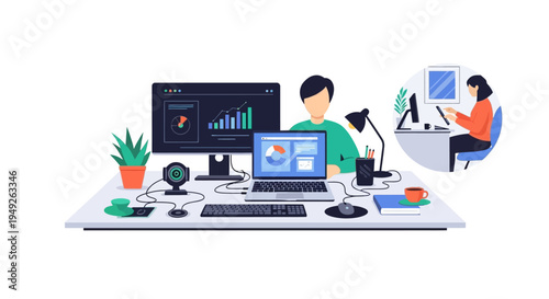 Hybrid Workplace Productivity: Professional Analyzing Data on Dual Monitors, Collaborating Remotely from Modern Home Office