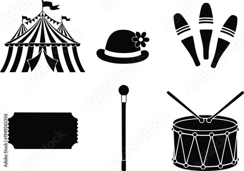 Circus vector illustration with tent, makeup brushes, hat, drum, and ticket