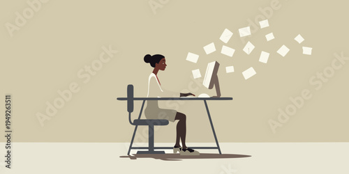 Woman working at a desk with papers flying from computer screen