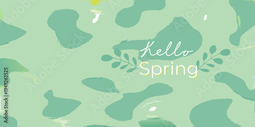 Abstract green background with hello spring calligraphy and floral elements