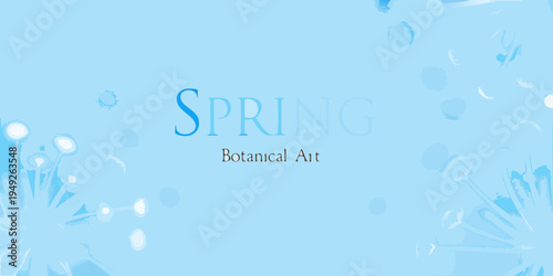 A light blue background featuring the word spring and botanical elements