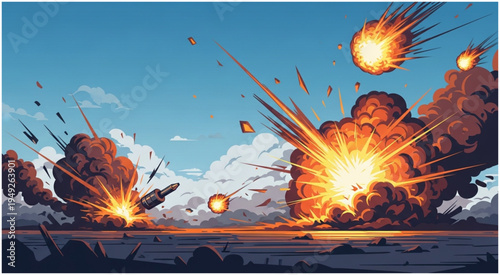 Intense Battle Scene with Explosions and Fiery Projectiles in a Cartoon Style.