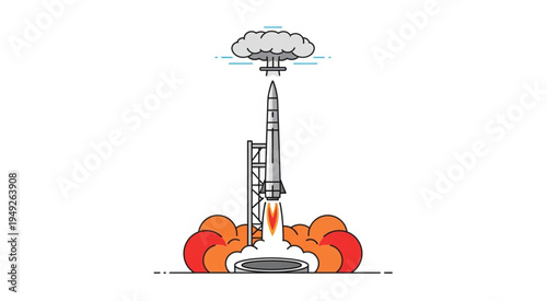 Rocket Launch Illustration with Smoke Cloud and Flames.
