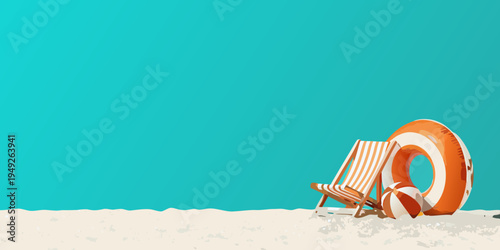 A vibrant summer scene featuring a beach chair and inflatable ring
