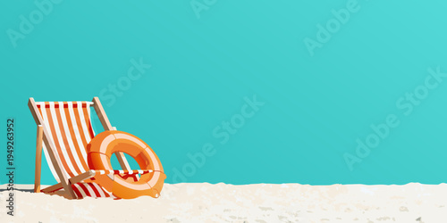 Beach chair and inflatable ring on a sandy shore against blue