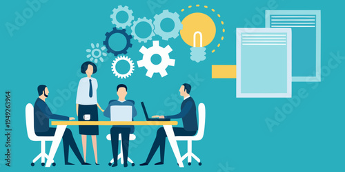 Team meeting discussing innovative ideas with technology and collaborative concepts