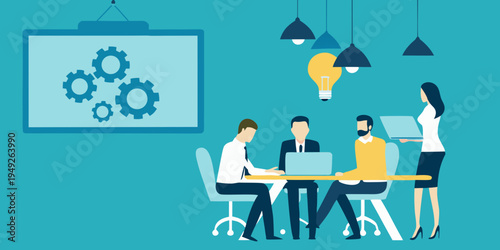 Team meeting with discussion about ideas innovation and technological solutions