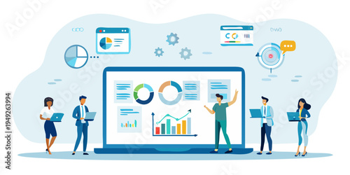Team collaborates around a large screen displaying data and analytics