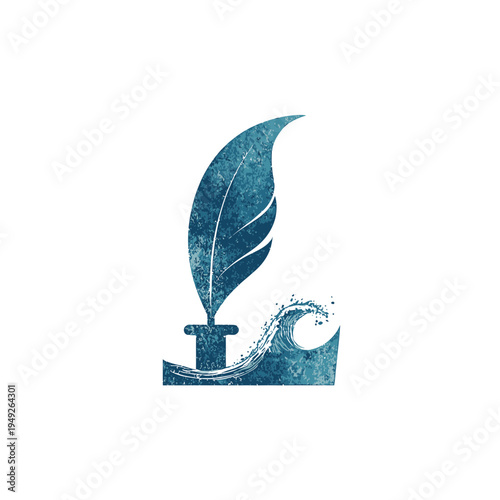 Abstract illustration of writing quill pen and inkwell with water splash element