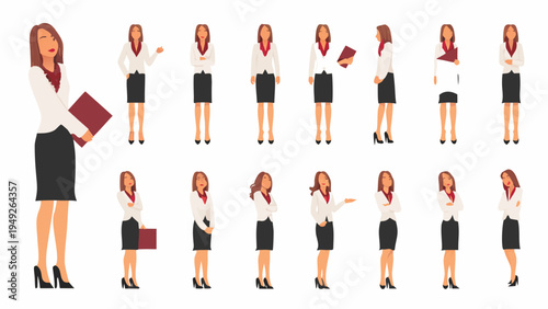 Multiple poses of a businesswoman in professional attire full body