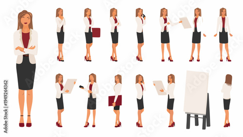 Businesswoman in various poses a vector illustration set for design projects