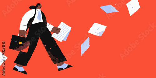 A businesswoman walks forward amidst falling papers on a vibrant background