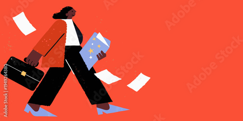 A businesswoman walks with papers floating around her in a vibrant scene