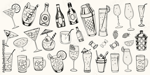 Variety of hand drawn cocktail and beverage illustrations in black and white