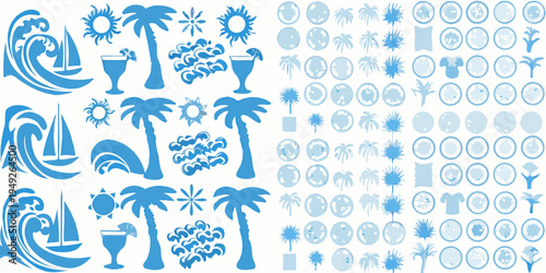Collection of blue summer icons including waves palms and drinkware