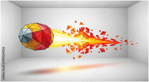 Dynamic Polygonal Sphere with Exploding Trail in Abstract Space.