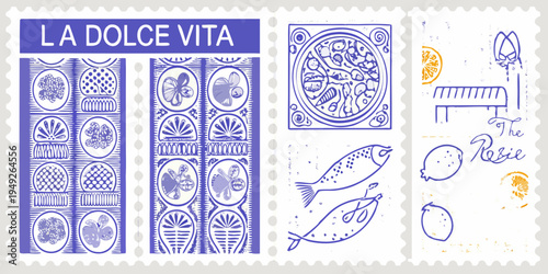 A collection of vintage style stamps featuring italian food and motifs