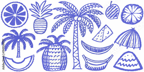 Stylized blue and white illustration of tropical fruits and palm leaves