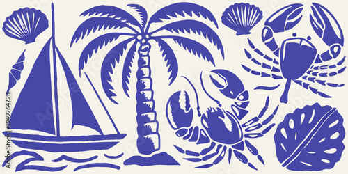 Blue and white nautical illustration featuring a sailboat crab and shells