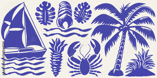 Nautical themed illustration featuring a sailboat and marine life