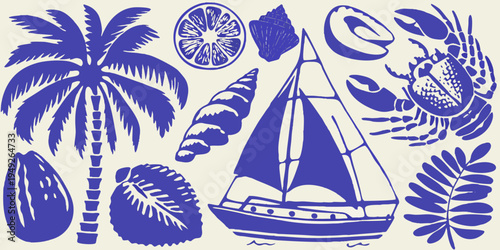 A blue and white illustrated collection of coastal and tropical elements