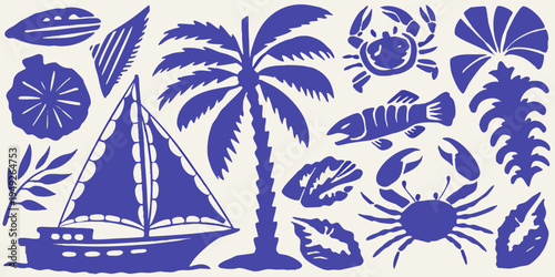 Blue and white nautical and tropical illustration with shells and boats