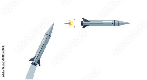 Two Missiles in Flight, One Launching, Against White Background.