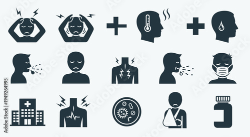 Set of Health and Illness Icons: Symptoms, Medical Care, and Diseases