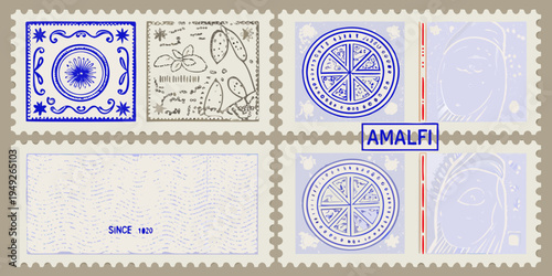 Collection of vintage postage stamps with decorative blue designs