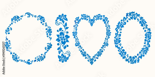 Floral designs forming letters and heart shapes in blue hues