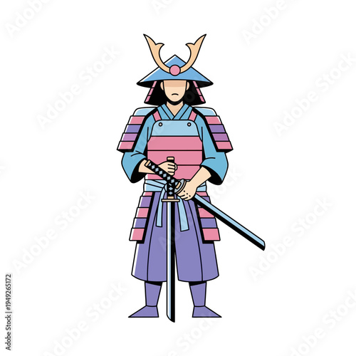 Japanese Samurai Warrior in Traditional Armor with Katana Sword - Illustration
