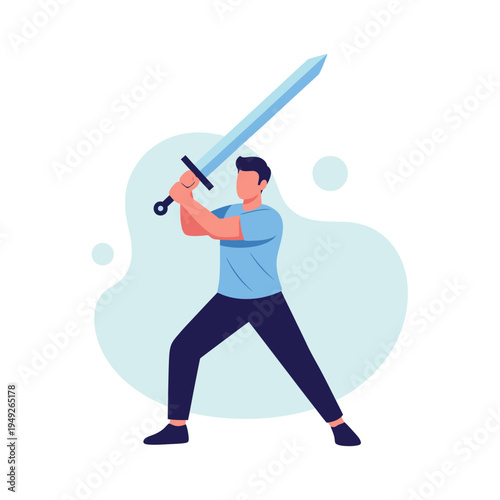 Man holding a sword, ready for battle, flat illustration